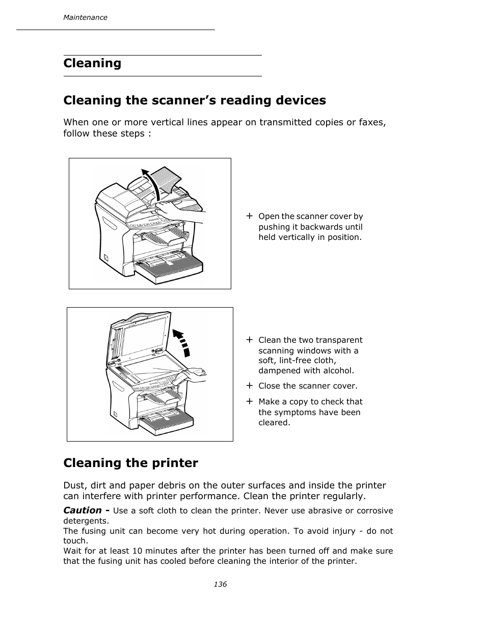 Cleaning, Cleaning the scanner’s reading devices, Cleaning the printer | Cleaning cleaning the scanner’s reading devices | Oki B4545 MFP User Manual | Page 135 / 154