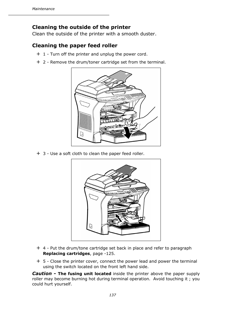 Cleaning the outside of the printer, Cleaning the paper feed roller | Oki B4545 MFP User Manual | Page 136 / 154