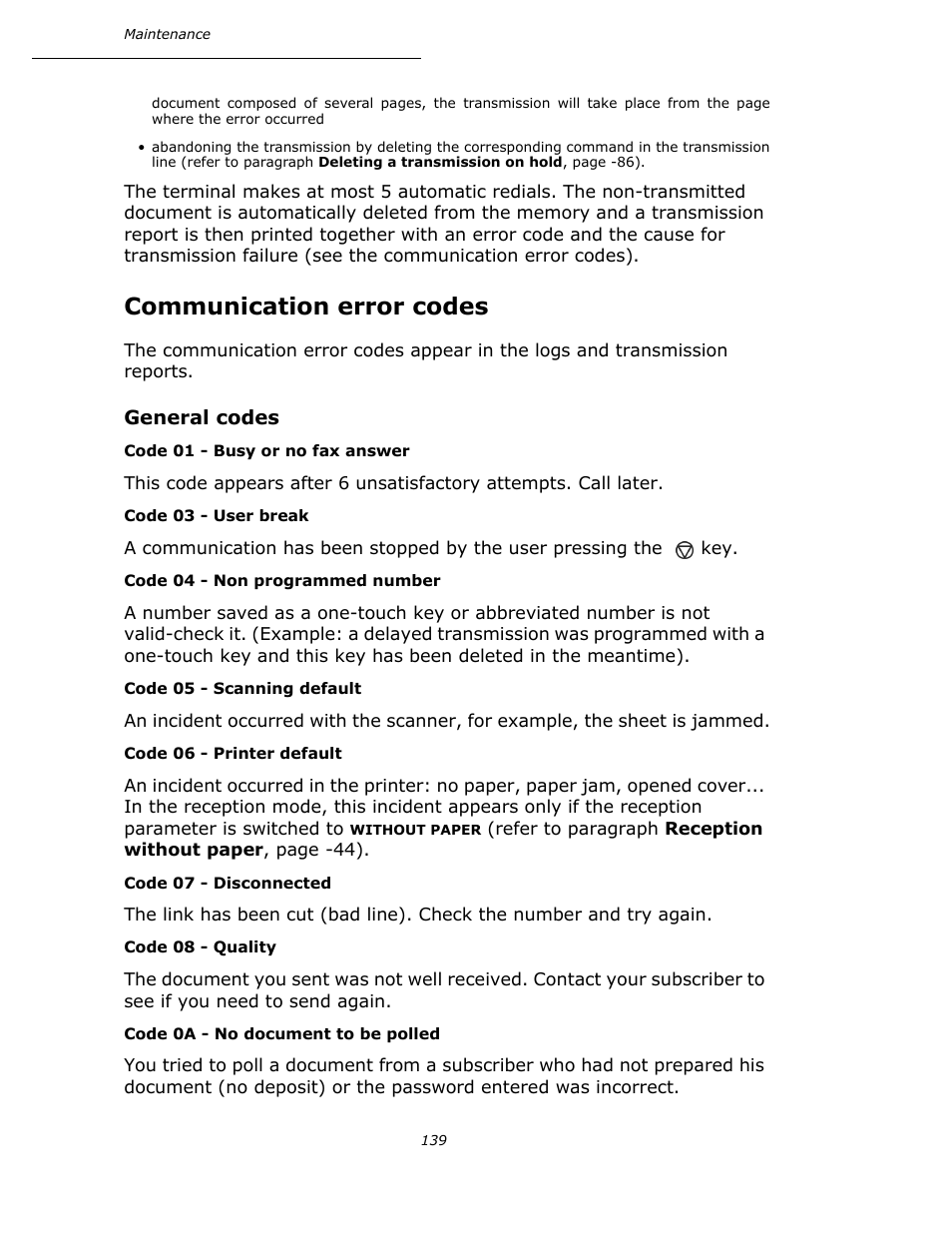 Communication error codes, General codes | Oki B4545 MFP User Manual | Page 138 / 154