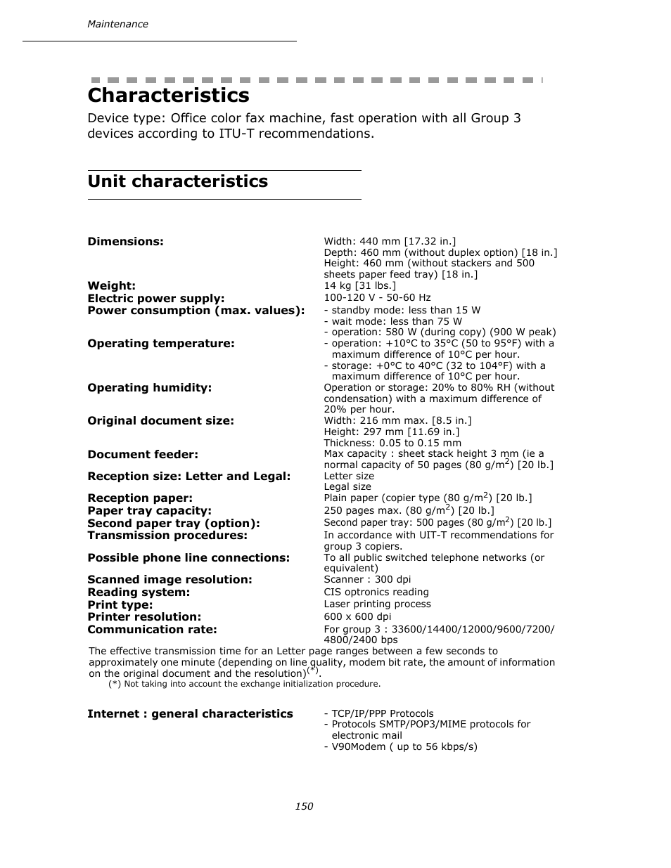 Characteristics, Unit characteristics | Oki B4545 MFP User Manual | Page 149 / 154