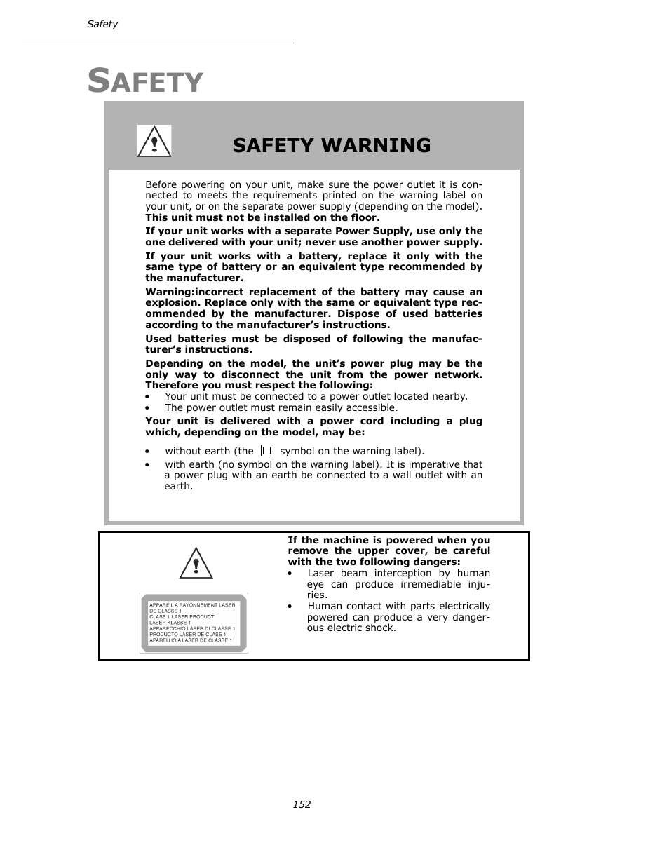 Safety, Afety, Safety warning | Oki B4545 MFP User Manual | Page 151 / 154