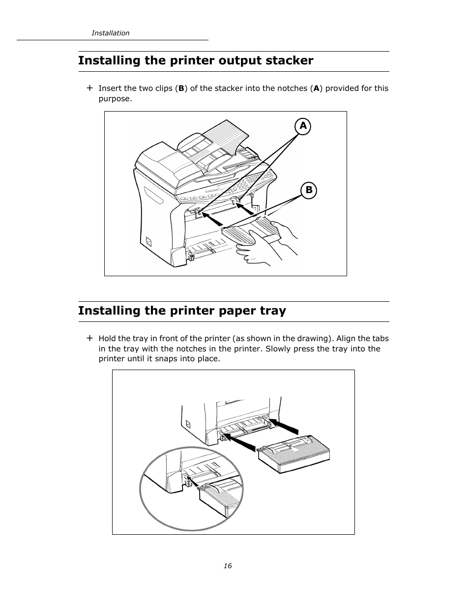 Installing the printer output stacker, Installing the printer paper tray | Oki B4545 MFP User Manual | Page 16 / 154