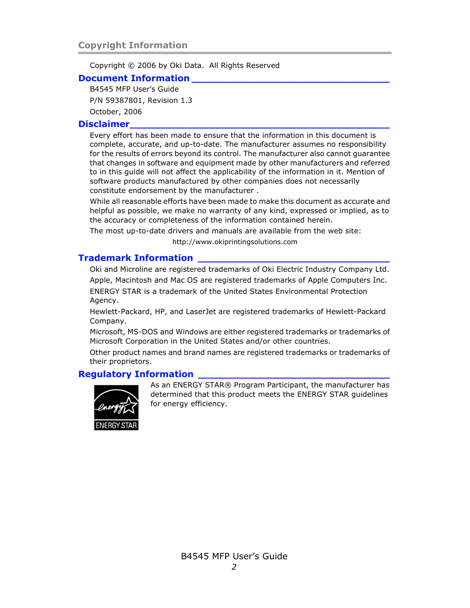 Copyright information, Document information, Disclaimer | Trademark information, Regulatory information, Ene_crt_b_p.jpg | Oki B4545 MFP User Manual | Page 2 / 154