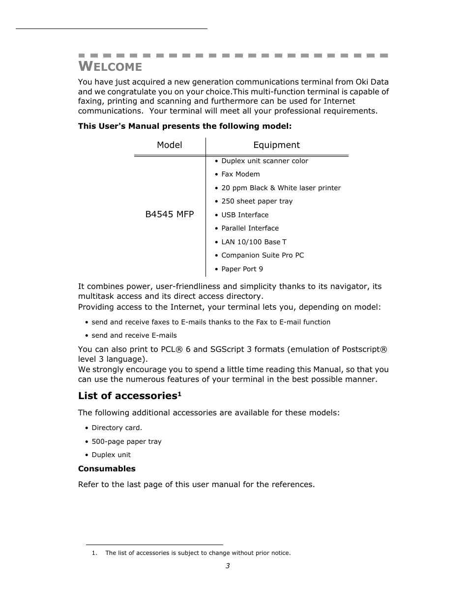 Elcome, List of accessories | Oki B4545 MFP User Manual | Page 3 / 154