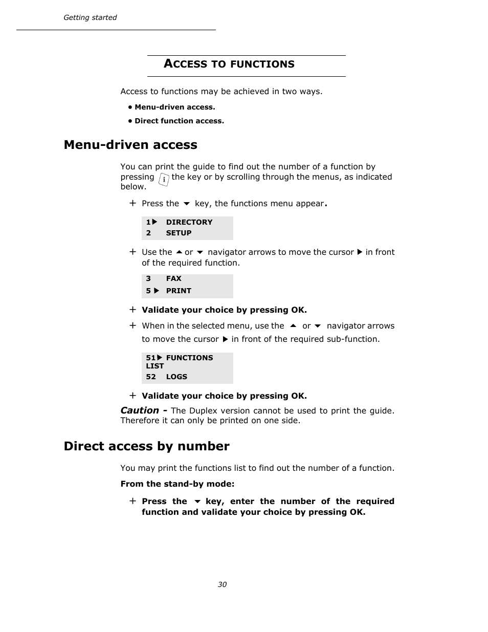 Access to functions, Menu-driven access, Direct access by number | Oki B4545 MFP User Manual | Page 30 / 154