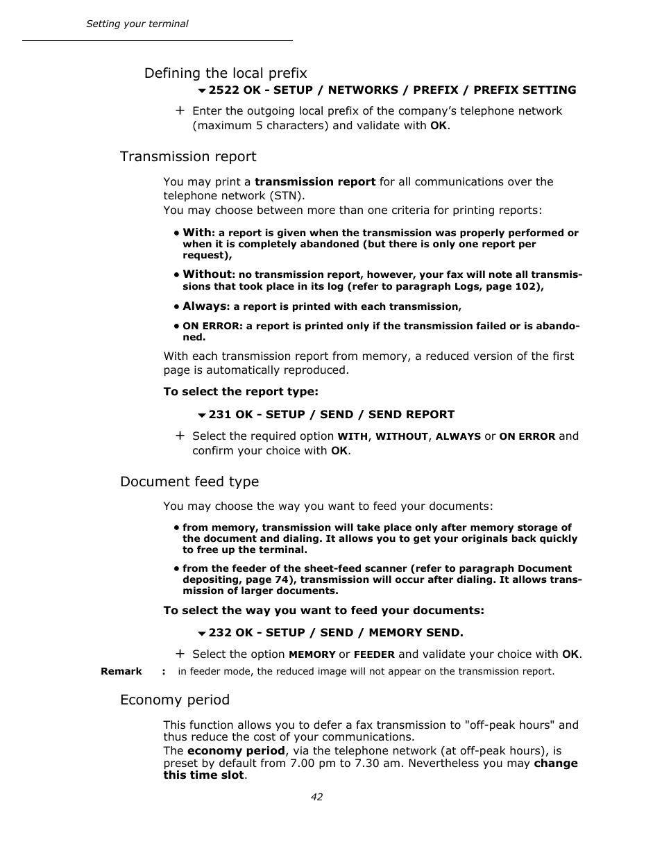 Defining the local prefix, Transmission report, Document feed type | Economy period, P. 42 | Oki B4545 MFP User Manual | Page 42 / 154