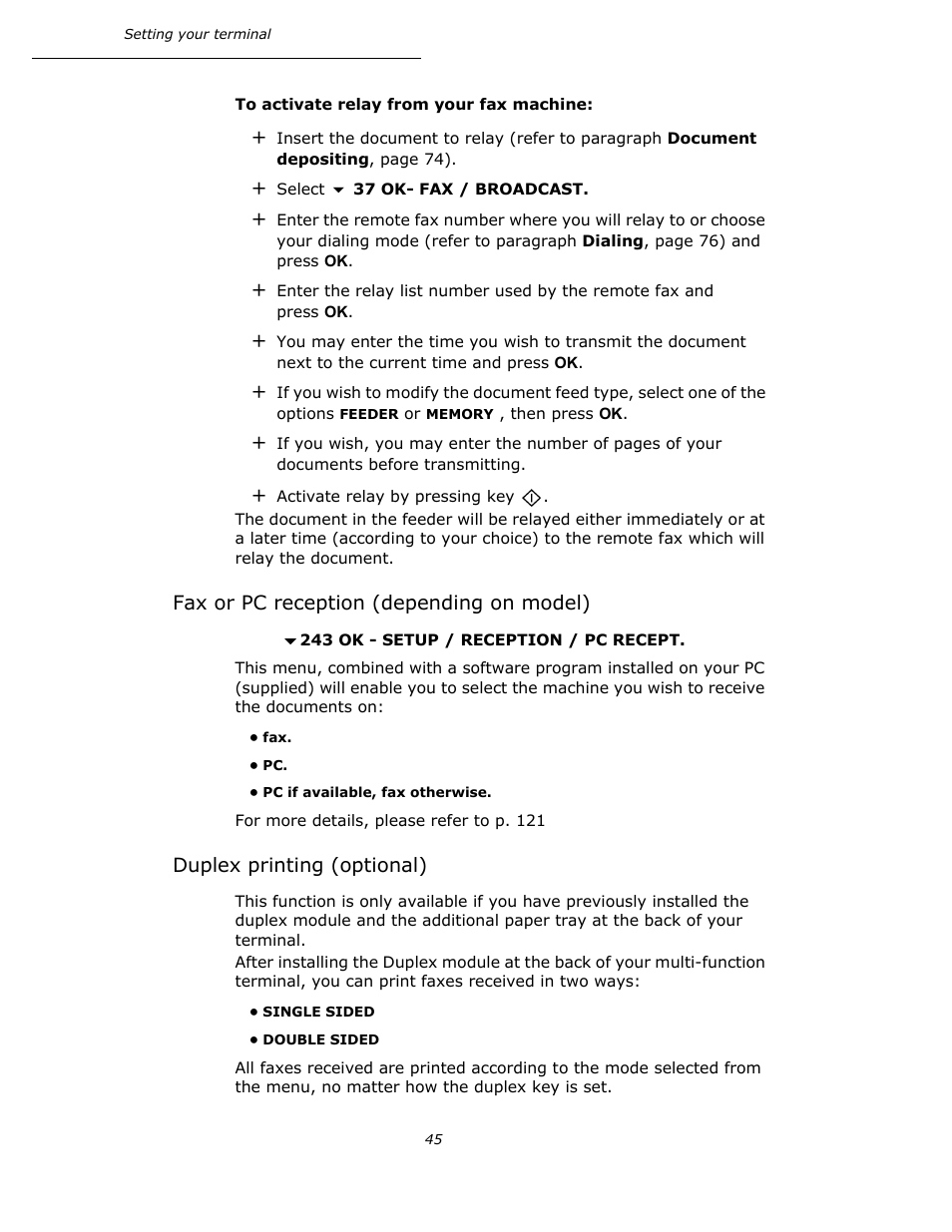 Fax or pc reception (depending on model), Duplex printing (optional), P. 45 | Oki B4545 MFP User Manual | Page 45 / 154