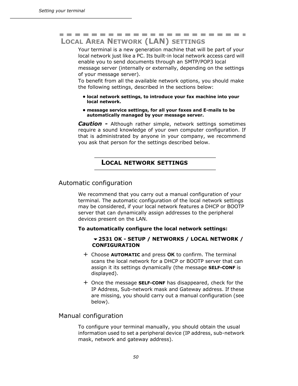 Local area network (lan) settings, Local network settings, Automatic configuration | Manual configuration, Lan) | Oki B4545 MFP User Manual | Page 50 / 154