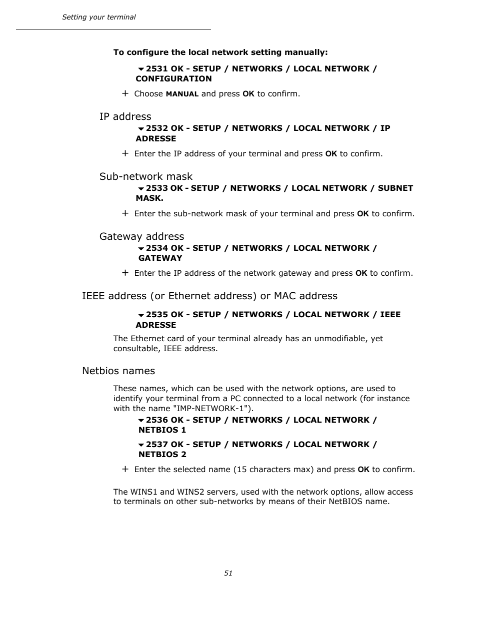 Ip address, Sub-network mask, Gateway address | Ieee address (or ethernet address) or mac address, Netbios names, P. 51 | Oki B4545 MFP User Manual | Page 51 / 154