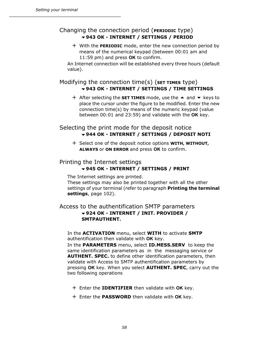 Changing the connection period (periodic type), Modifying the connection time(s) (set times type), Selecting the print mode for the deposit notice | Printing the internet settings, Access to the authentification smtp parameters, P. 58 | Oki B4545 MFP User Manual | Page 58 / 154