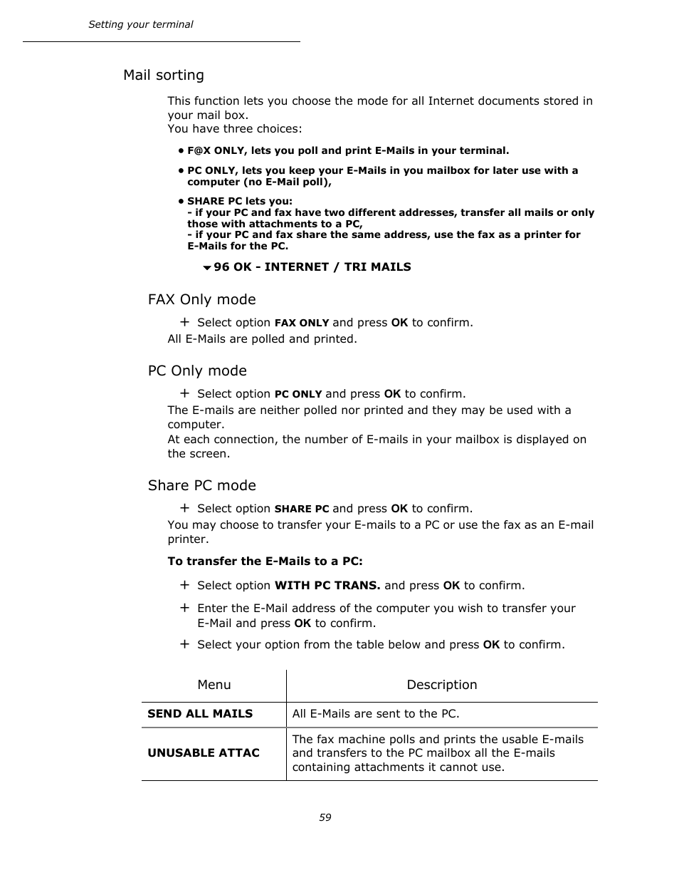 Mail sorting, Fax only mode, Pc only mode | Share pc mode, P. 59 | Oki B4545 MFP User Manual | Page 59 / 154