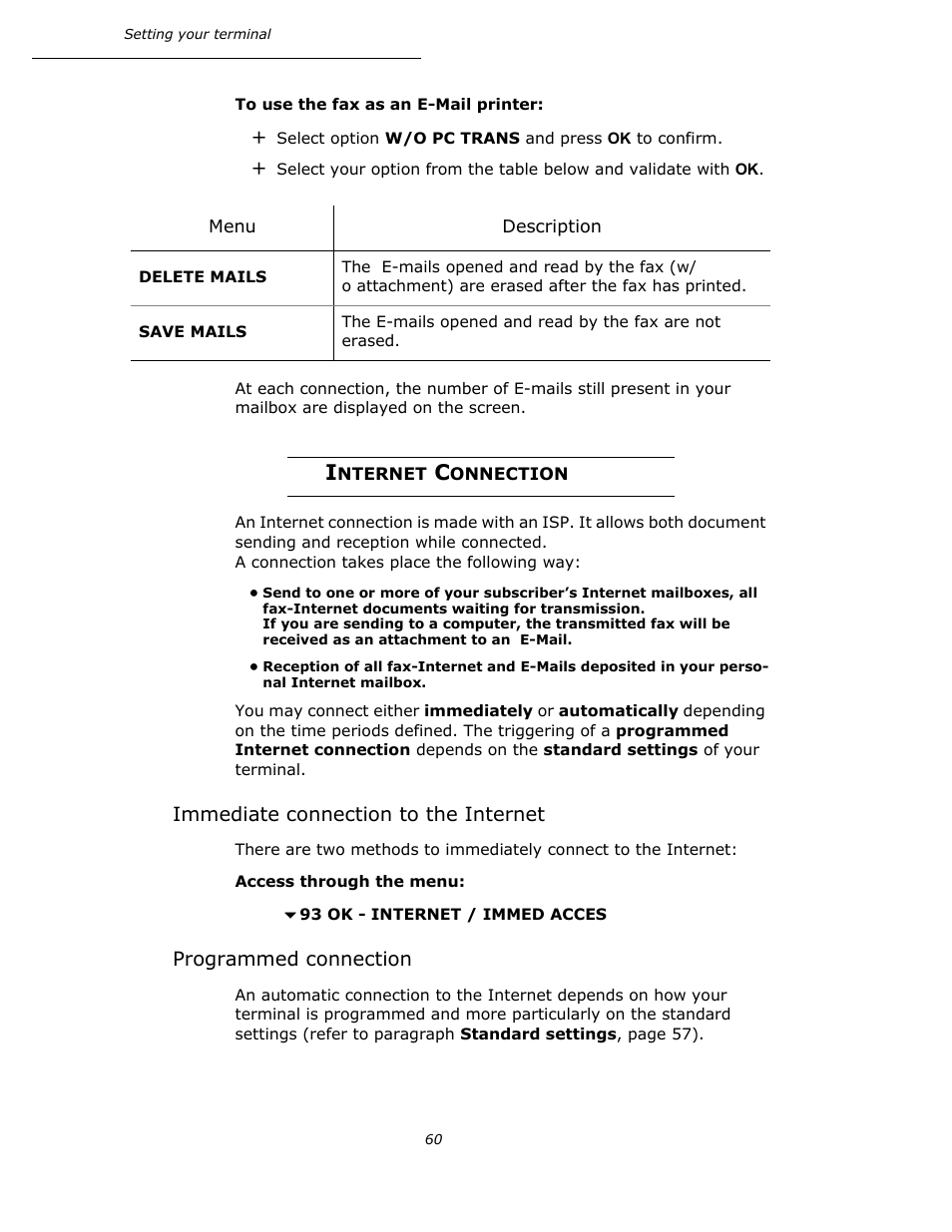 Internet connection, Immediate connection to the internet, Programmed connection | P. 60, Refer to | Oki B4545 MFP User Manual | Page 60 / 154