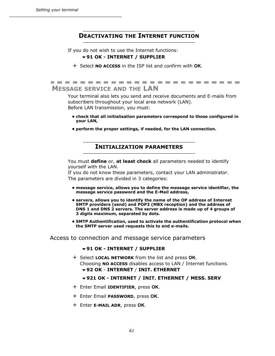 Deactivating the internet function, Message service and the lan, Initialization parameters | Oki B4545 MFP User Manual | Page 61 / 154