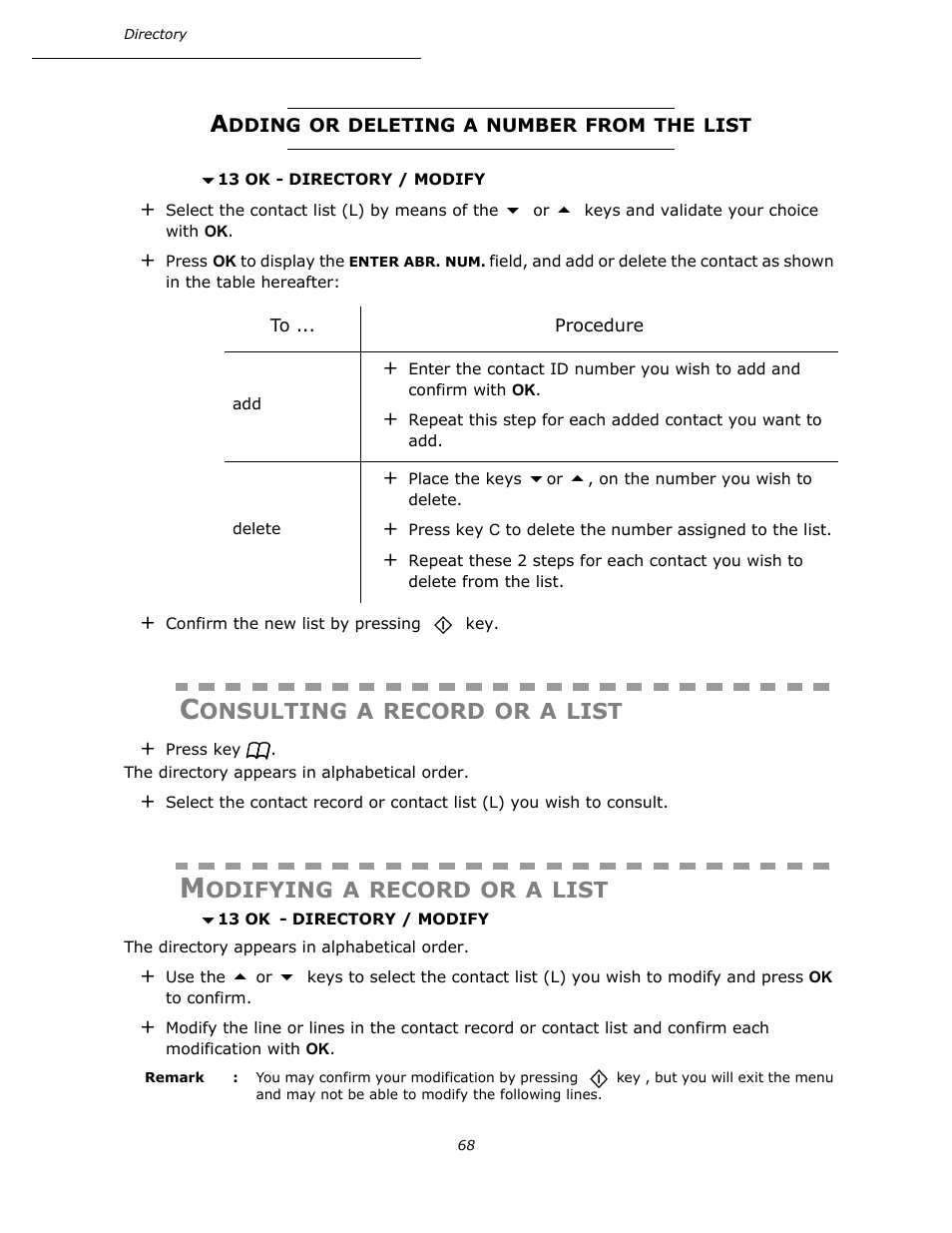 Adding or deleting a number from the list, Consulting a record or a list, Modifying a record or a list | P. 68 | Oki B4545 MFP User Manual | Page 68 / 154