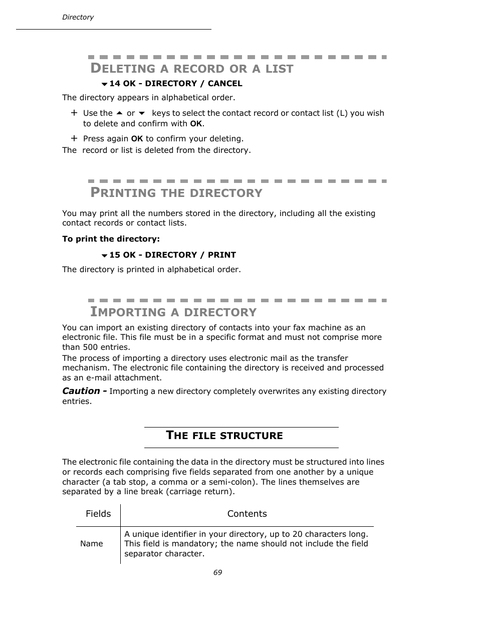 Deleting a record or a list, Printing the directory, Importing a directory | The file structure, P. 69 | Oki B4545 MFP User Manual | Page 69 / 154