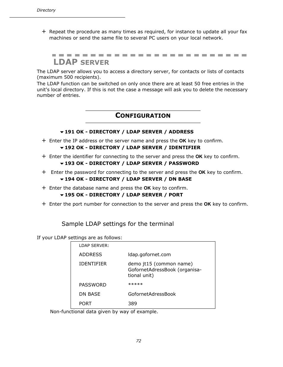 Ldap server, Configuration, Sample ldap settings for the terminal | P. 72, Ldap, Server | Oki B4545 MFP User Manual | Page 72 / 154