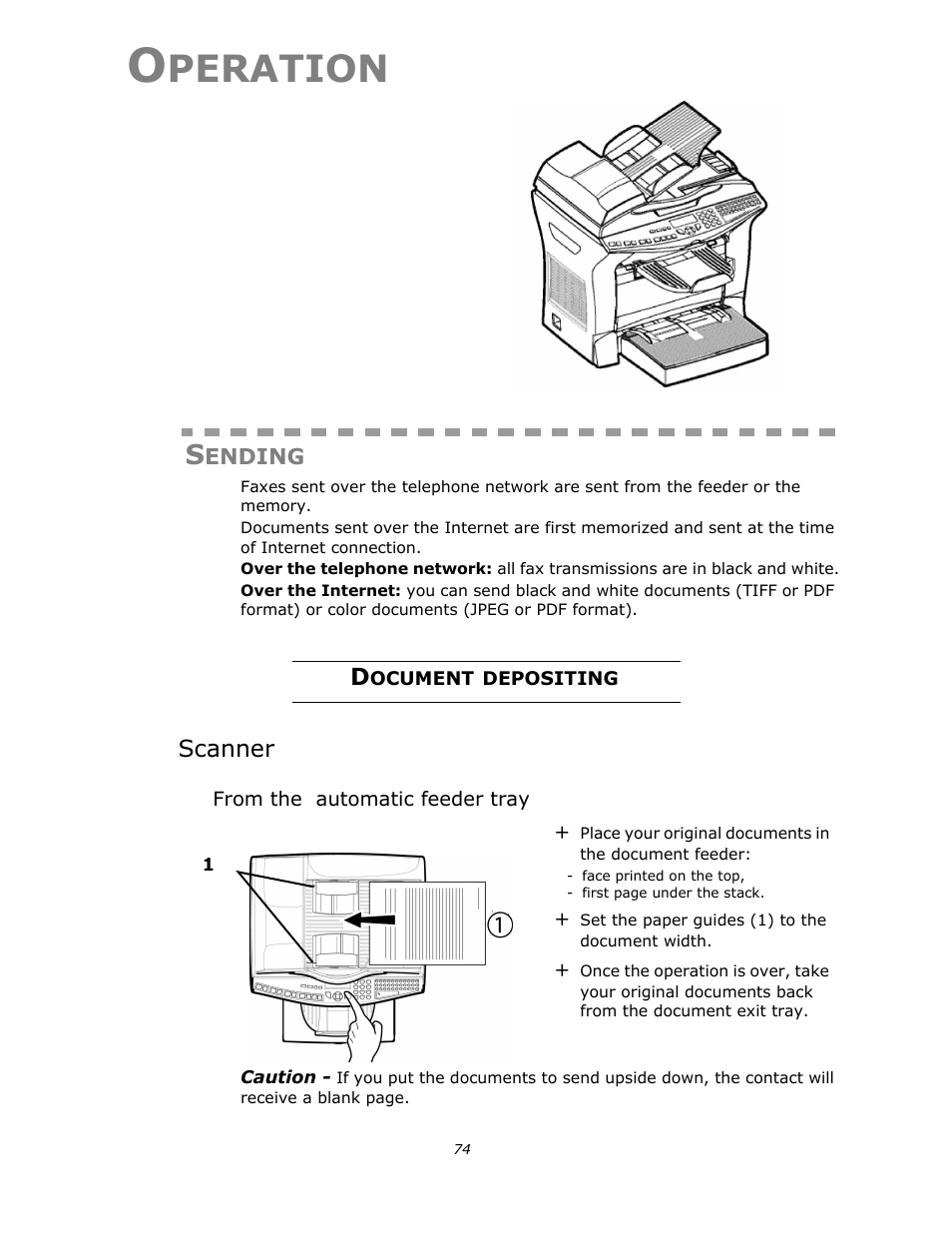 Operation, Sending, Document depositing | Scanner, From the automatic feeder tray, Refer to paragraph document, Peration | Oki B4545 MFP User Manual | Page 74 / 154