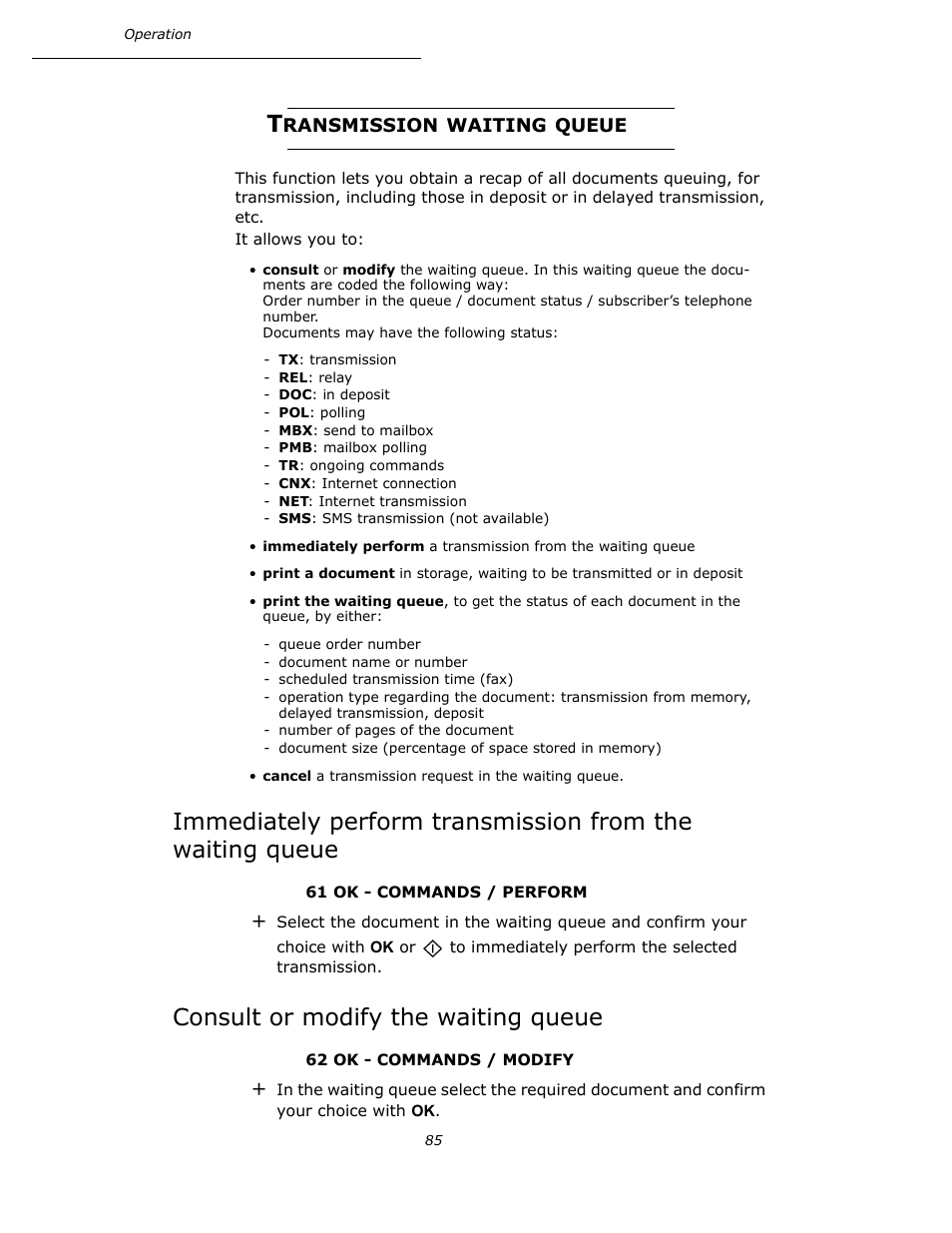 Transmission waiting queue, Consult or modify the waiting queue, P. 85 | Oki B4545 MFP User Manual | Page 85 / 154