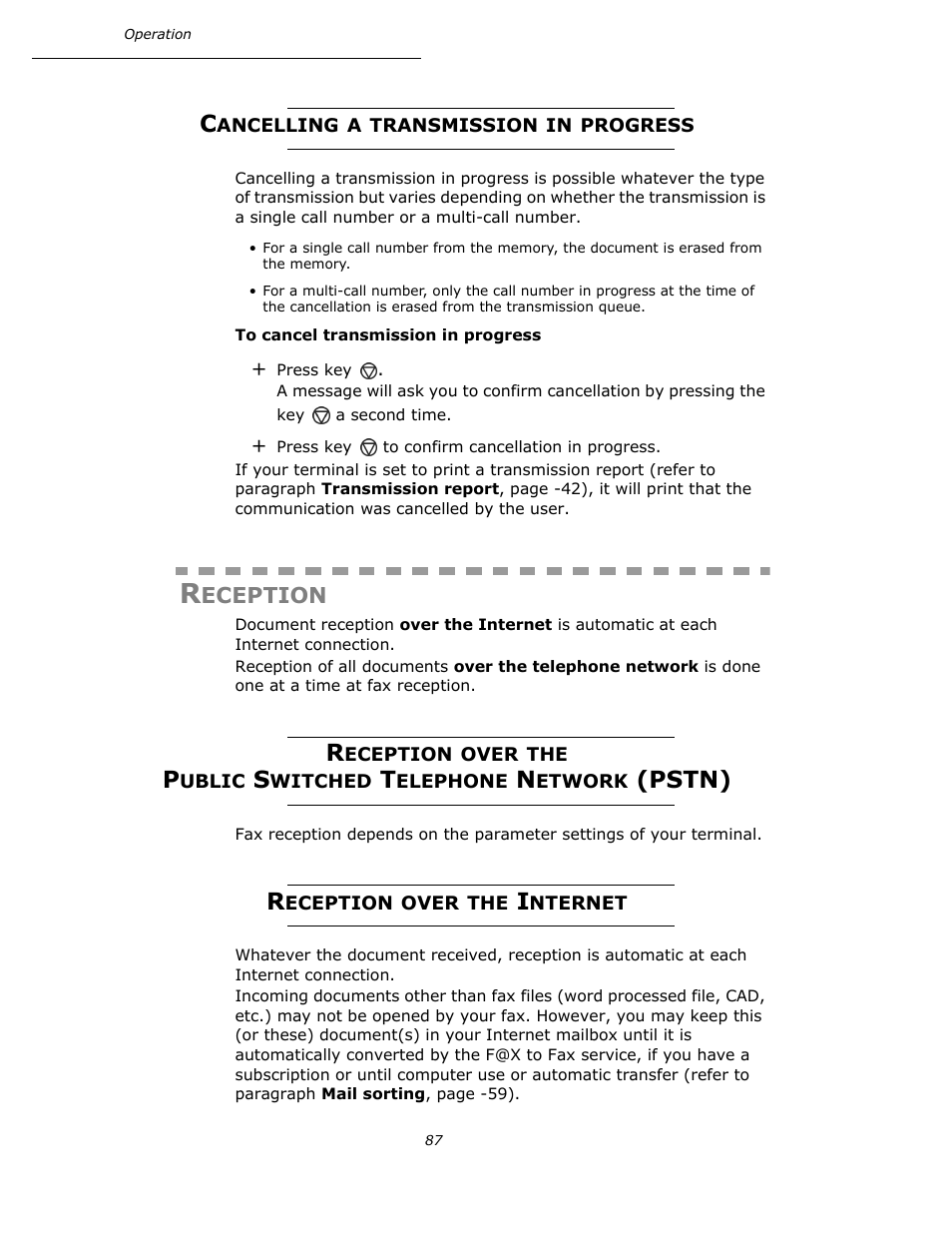 Cancelling a transmission in progress, Reception, Reception over the internet | Reception over the, Pstn) | Oki B4545 MFP User Manual | Page 87 / 154