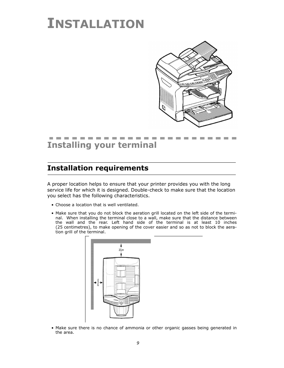 Installation, Installing your terminal, Installation requirements | Nstallation | Oki B4545 MFP User Manual | Page 9 / 154