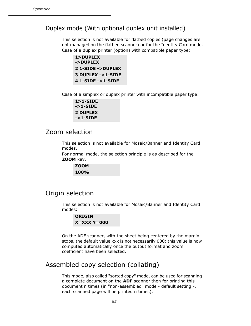 Duplex mode (with optional duplex unit installed), Zoom selection, Origin selection | Assembled copy selection (collating) | Oki B4545 MFP User Manual | Page 95 / 154