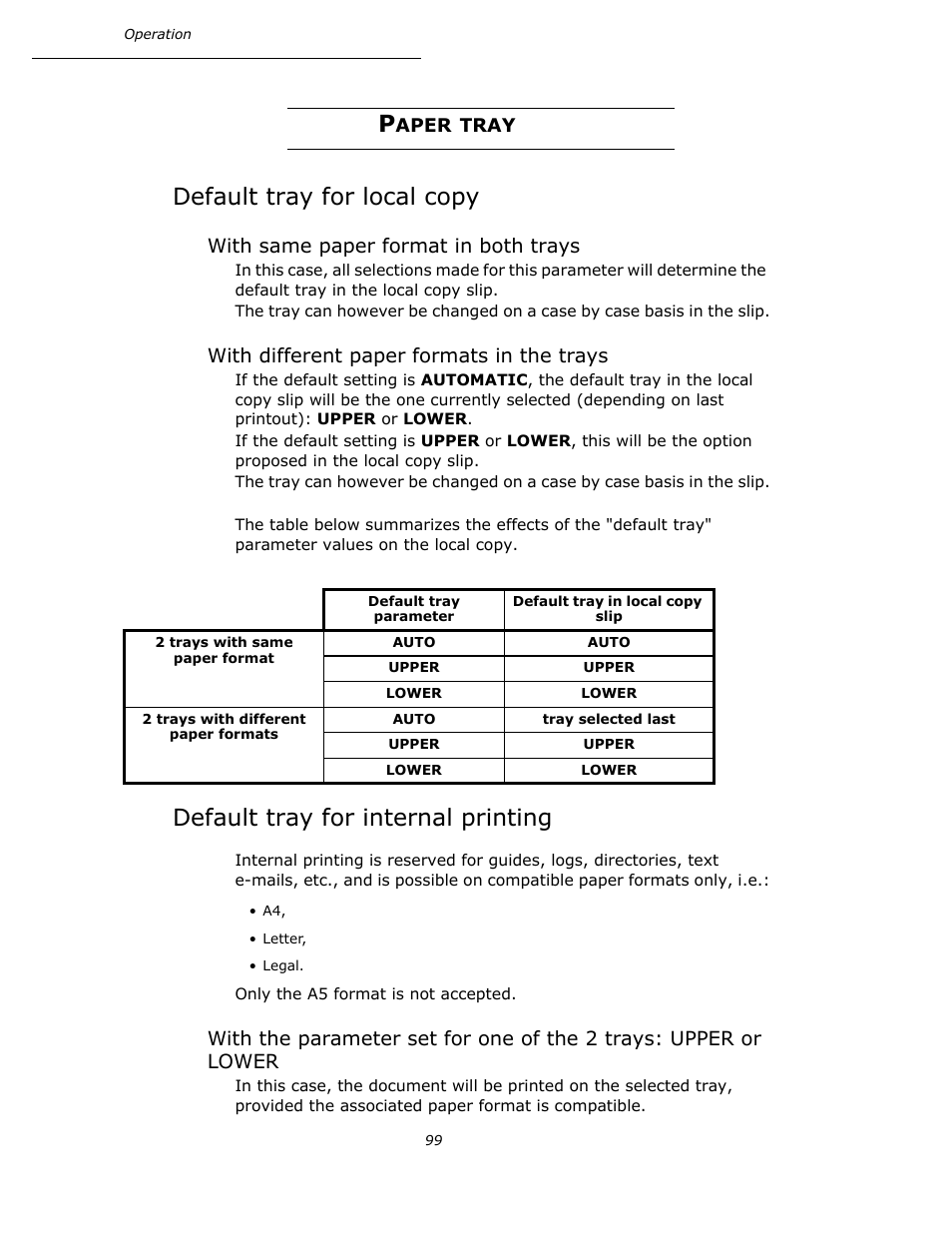 Paper tray, Default tray for local copy, With same paper format in both trays | With different paper formats in the trays, Default tray for internal printing, P. 99 | Oki B4545 MFP User Manual | Page 99 / 154