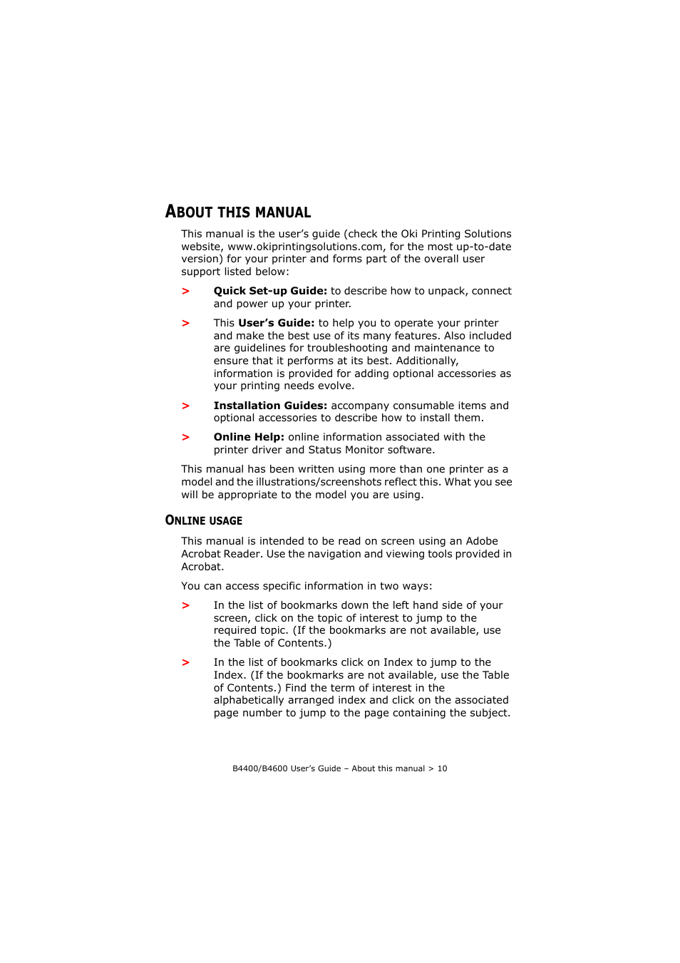 About this manual, Online usage, Bout | This, Manual | Oki B4400 Series User Manual | Page 10 / 104