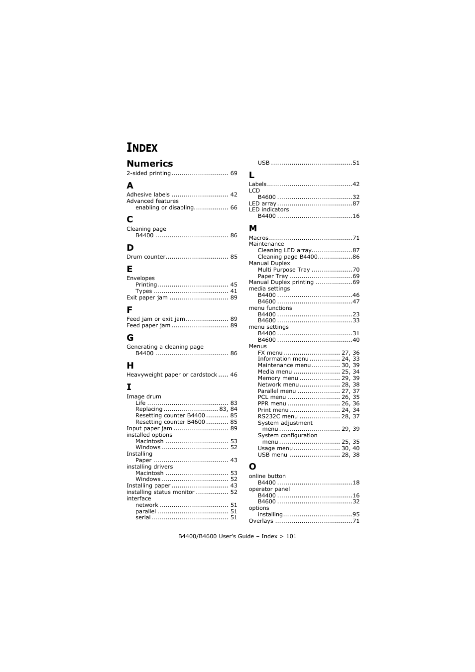 Index, Ndex, Numerics | Oki B4400 Series User Manual | Page 101 / 104