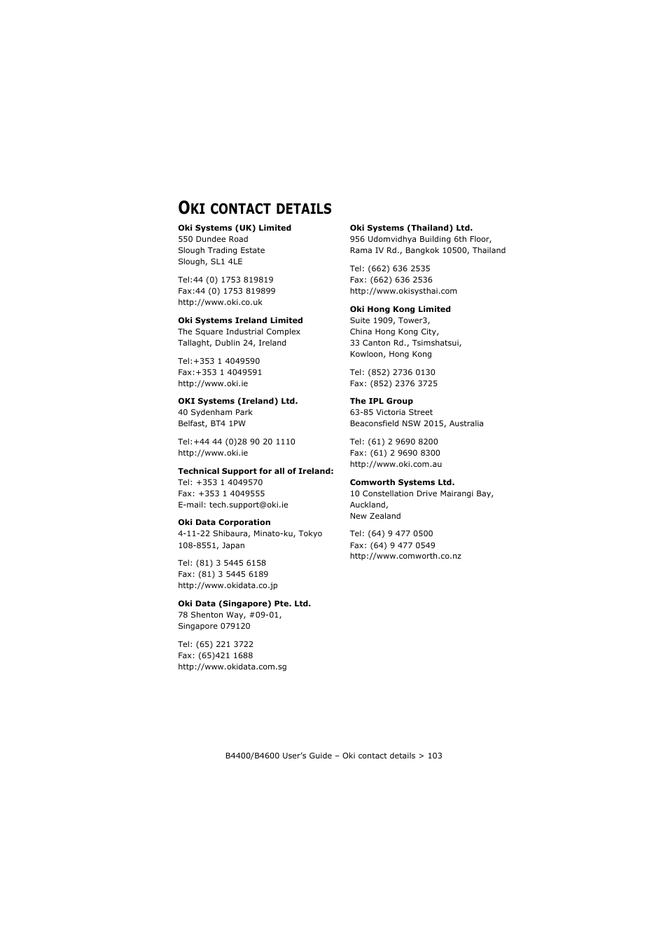 Oki contact details, Contact, Details | Oki B4400 Series User Manual | Page 103 / 104