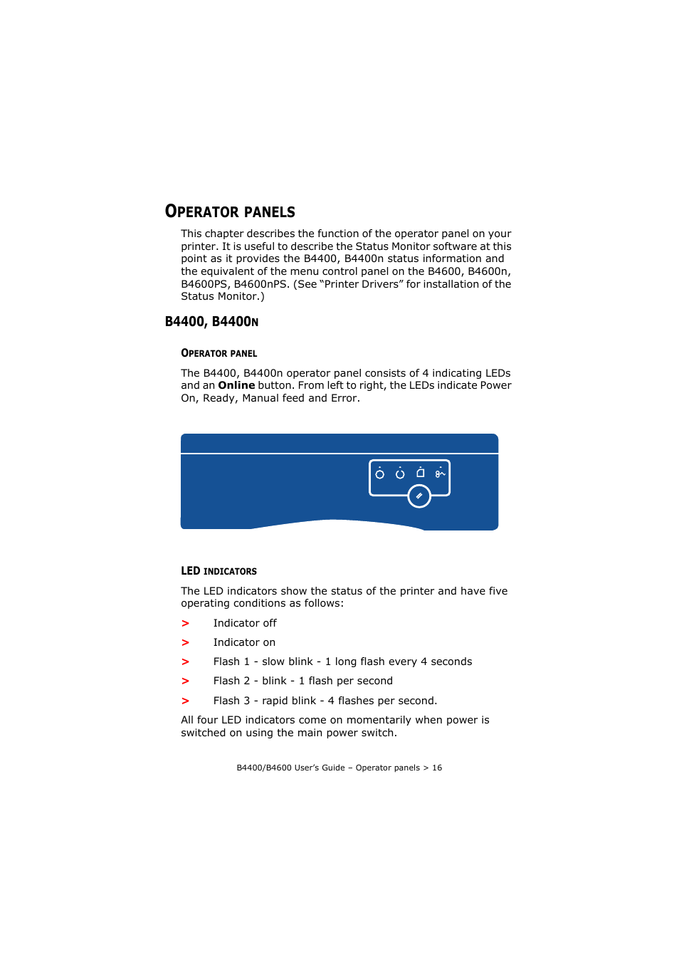 Operator panels, B4400, b4400n, Operator panel | Led indicators, B4400, Operator panel led indicators, Perator, Panels | Oki B4400 Series User Manual | Page 16 / 104