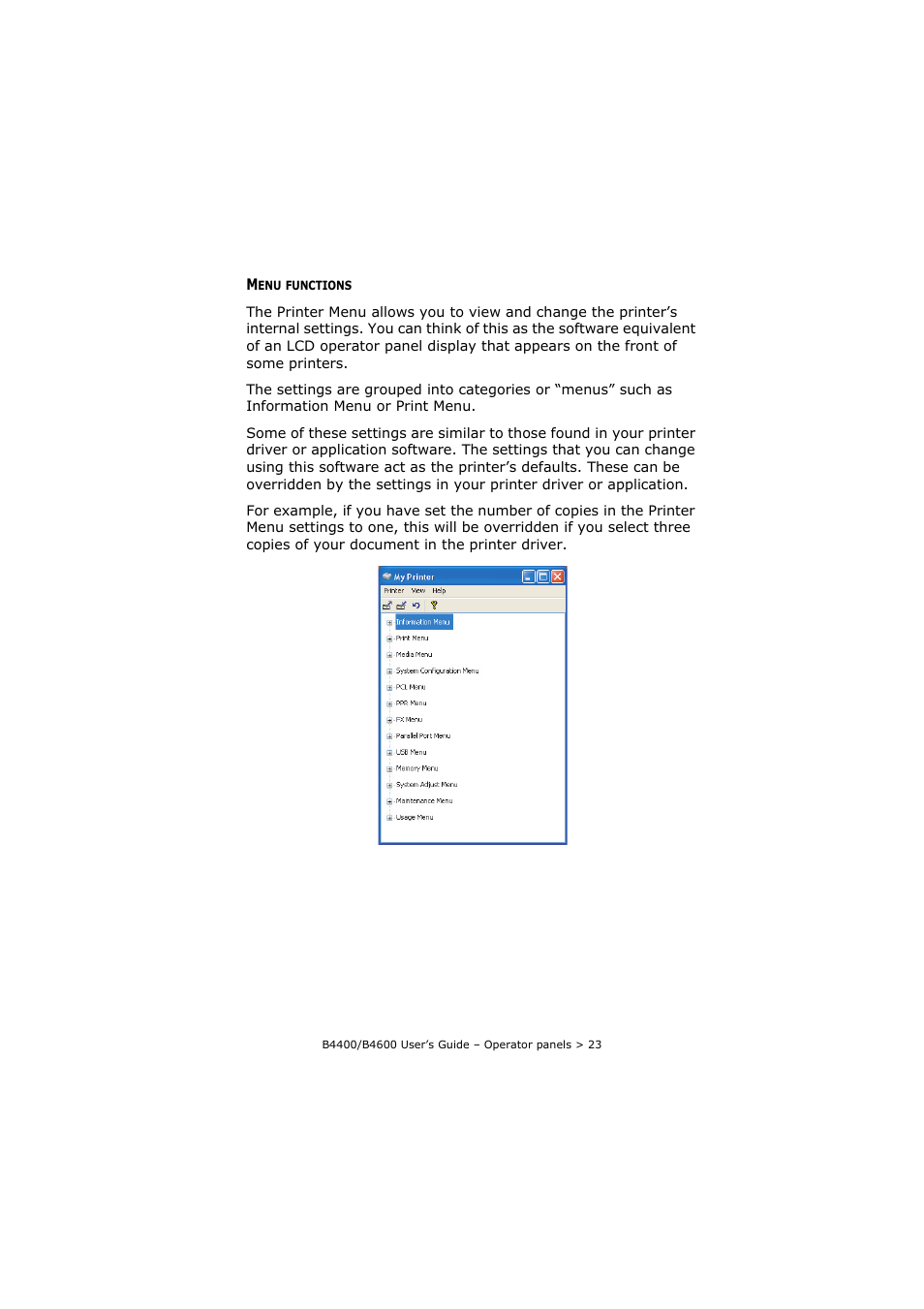 Menu functions | Oki B4400 Series User Manual | Page 23 / 104