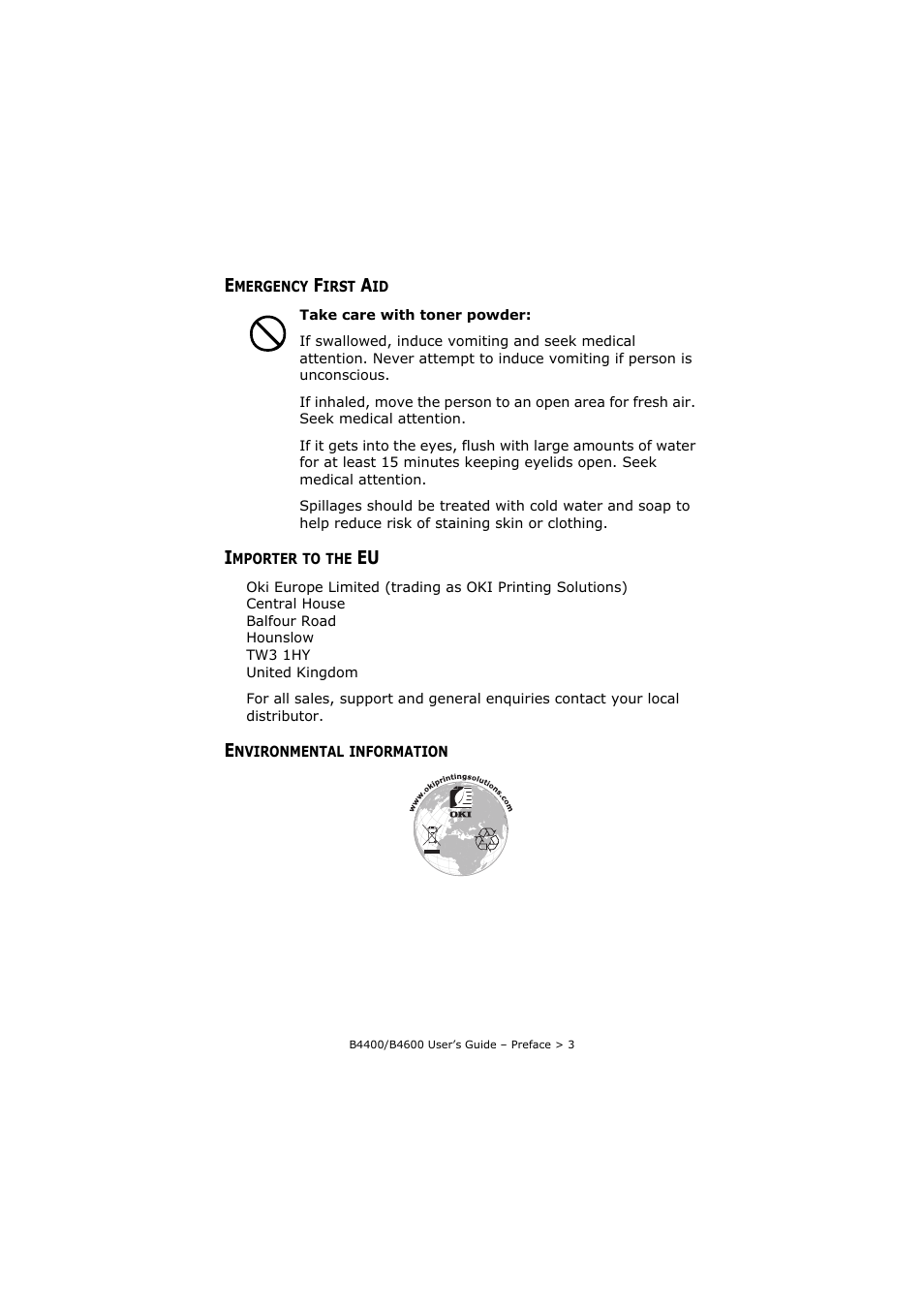 Emergency first aid, Importer to the eu, Environmental information | Oki B4400 Series User Manual | Page 3 / 104