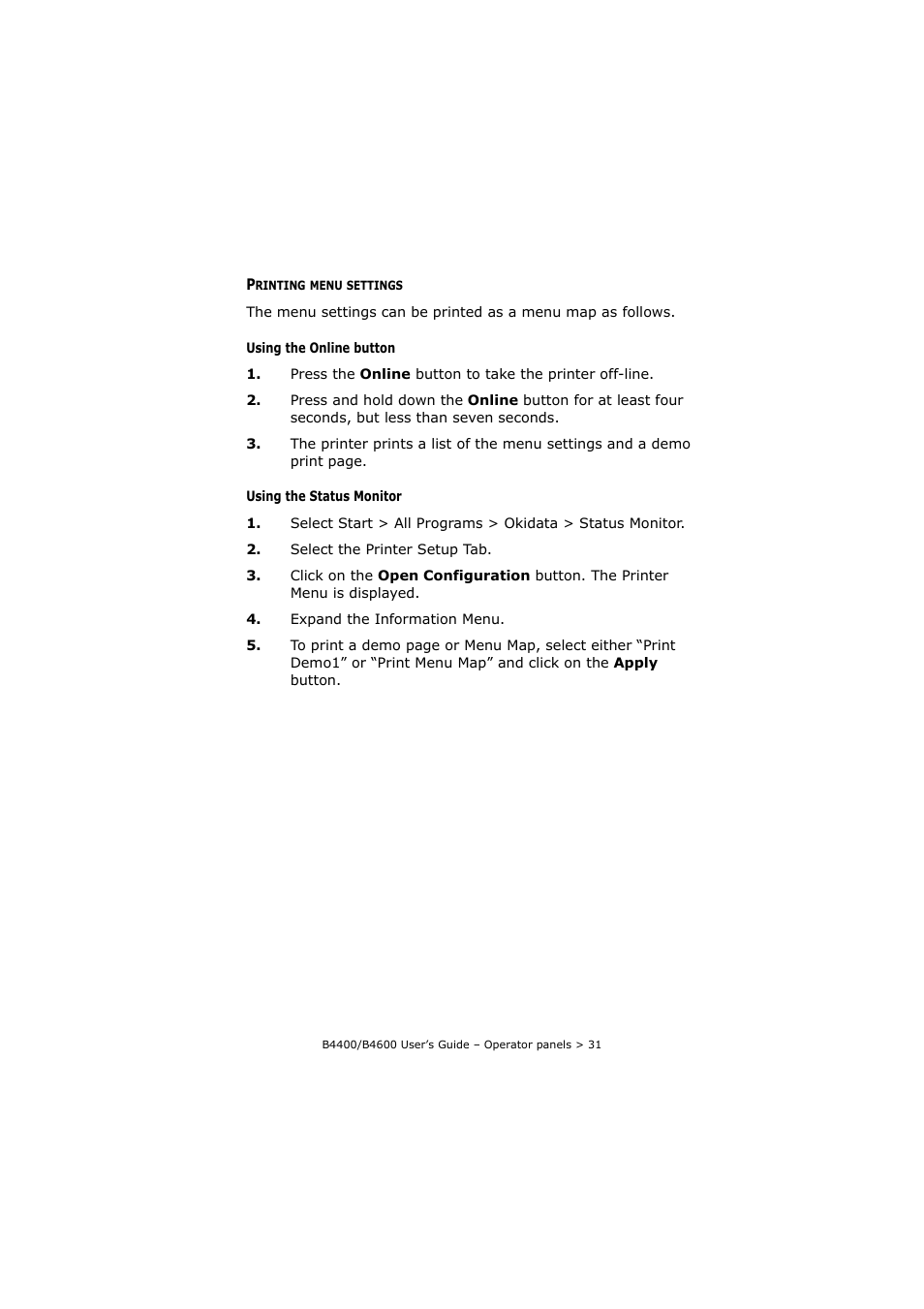 Printing menu settings | Oki B4400 Series User Manual | Page 31 / 104