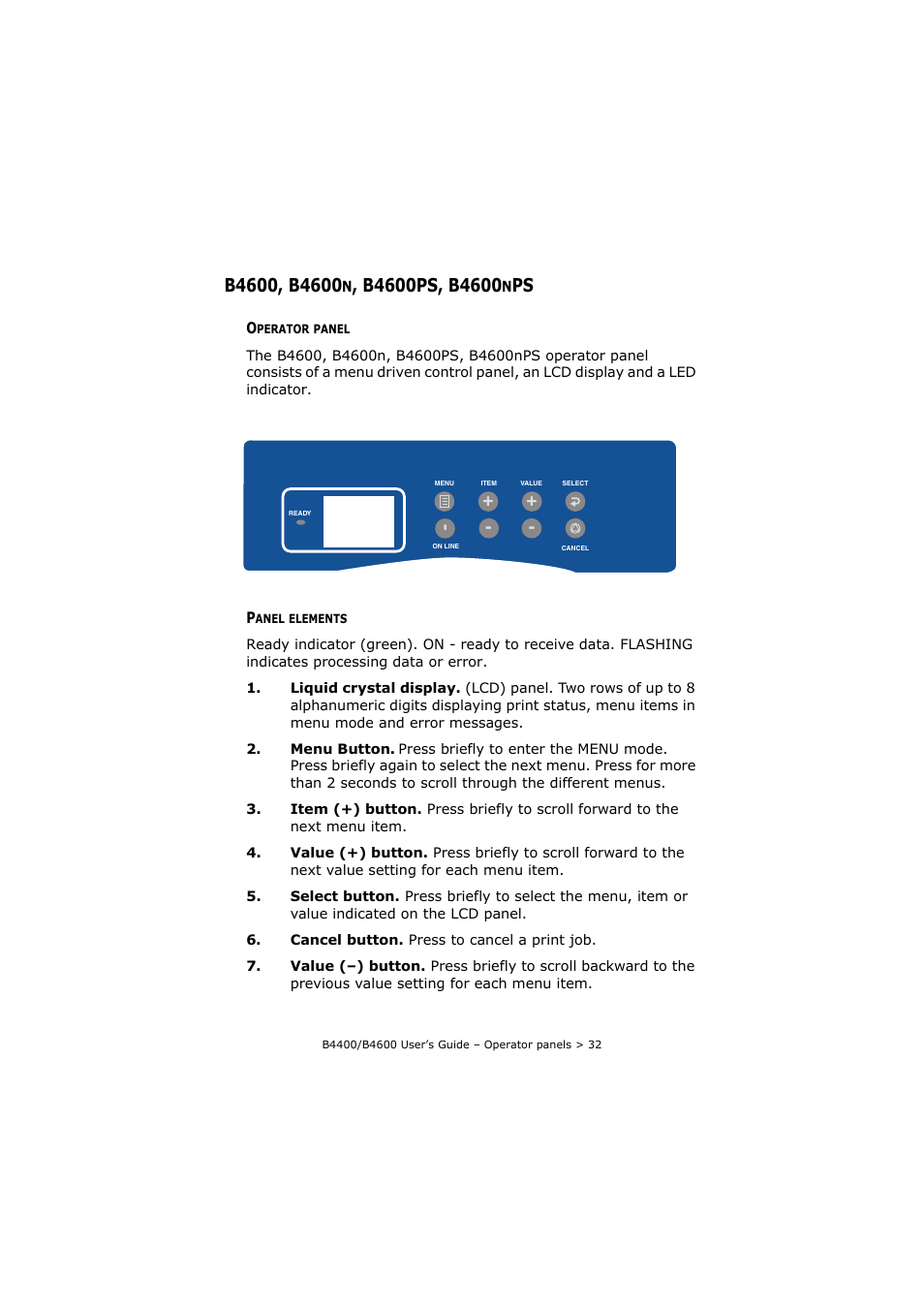 B4600, b4600n, b4600ps, b4600nps, Operator panel, Panel elements | Operator panel panel elements | Oki B4400 Series User Manual | Page 32 / 104