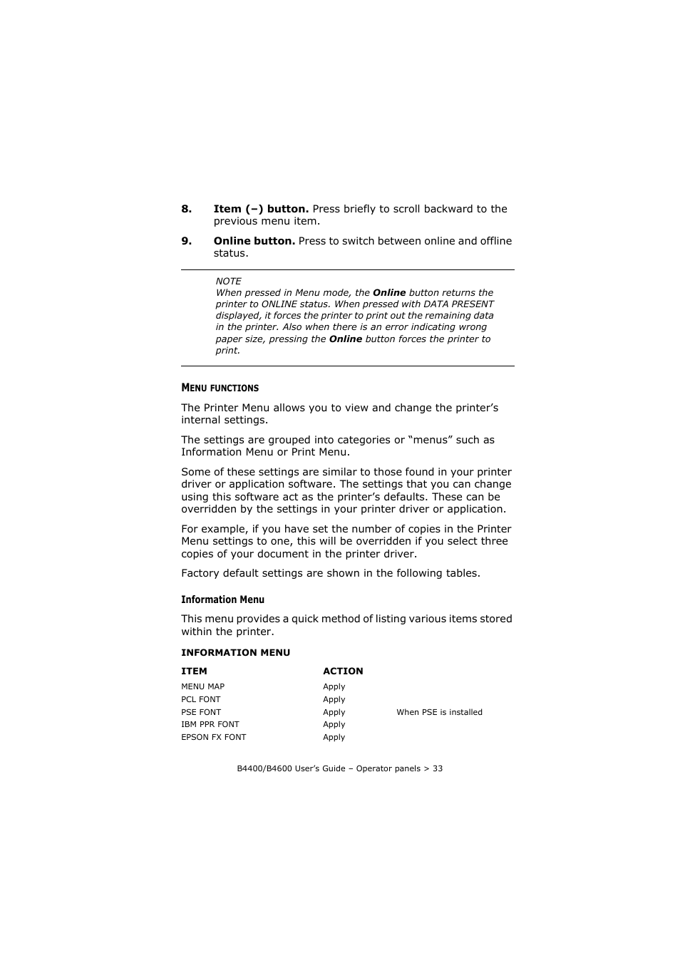 Menu functions | Oki B4400 Series User Manual | Page 33 / 104