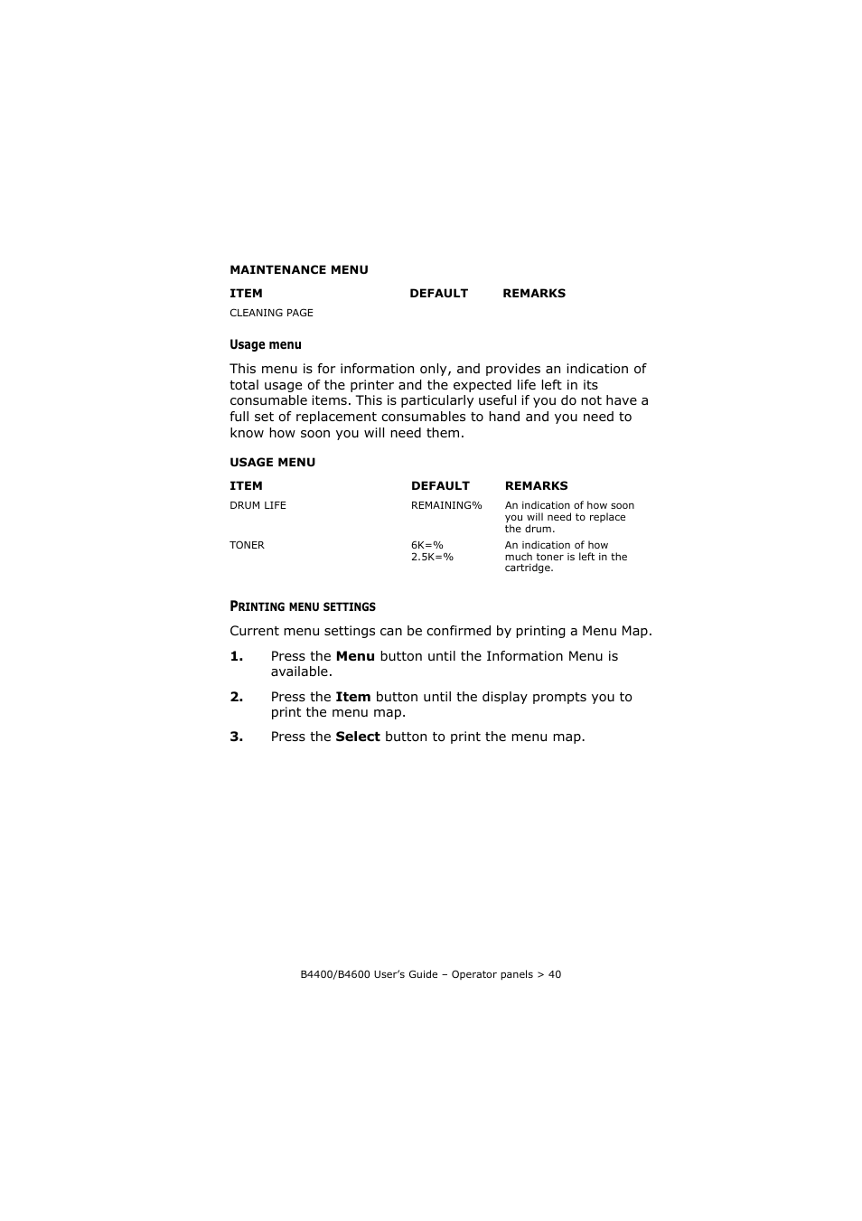 Printing menu settings | Oki B4400 Series User Manual | Page 40 / 104