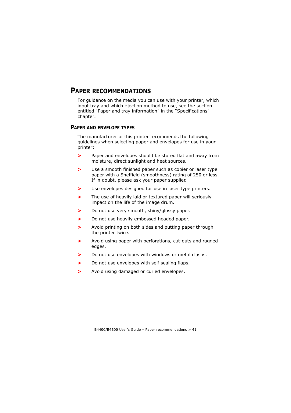 Paper recommendations, Paper and envelope types, Aper | Recommendations | Oki B4400 Series User Manual | Page 41 / 104