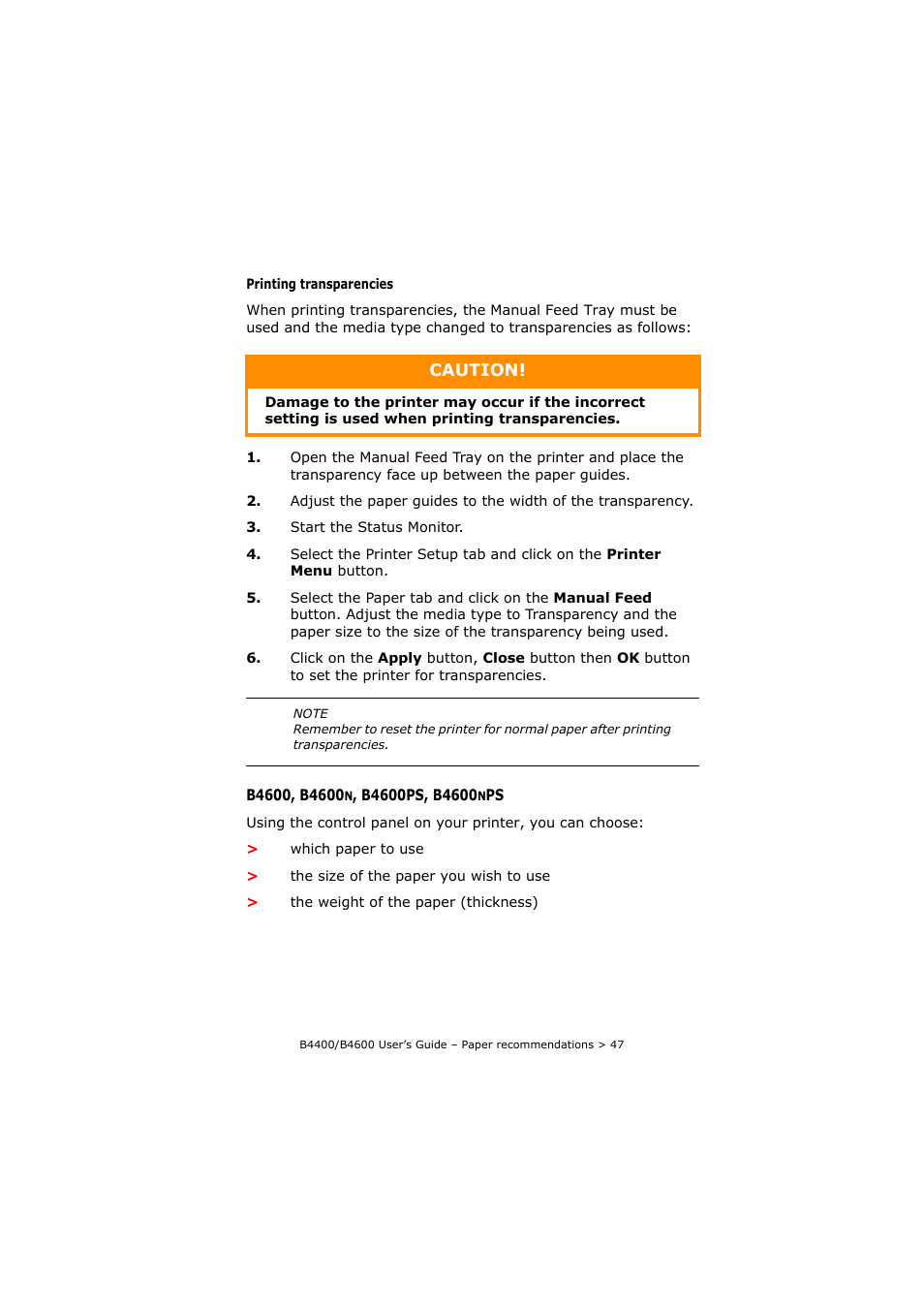 B4600, b4600n, b4600ps, b4600nps | Oki B4400 Series User Manual | Page 47 / 104