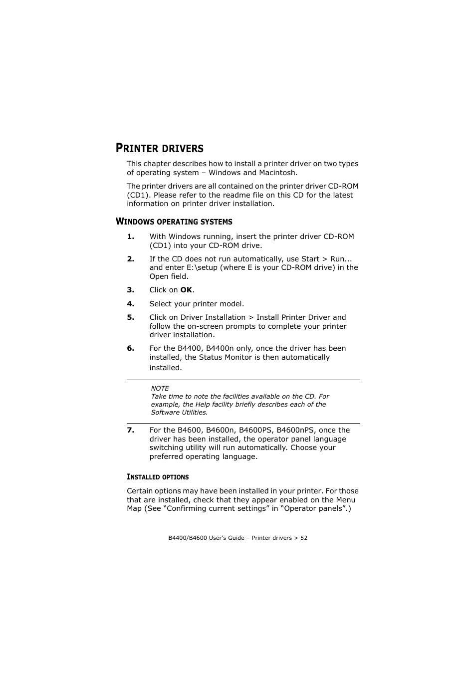 Printer drivers, Windows operating systems, Installed options | Rinter, Drivers | Oki B4400 Series User Manual | Page 52 / 104