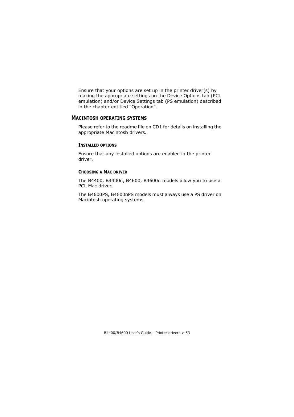 Macintosh operating systems, Installed options, Choosing a mac driver | Installed options choosing a mac driver | Oki B4400 Series User Manual | Page 53 / 104