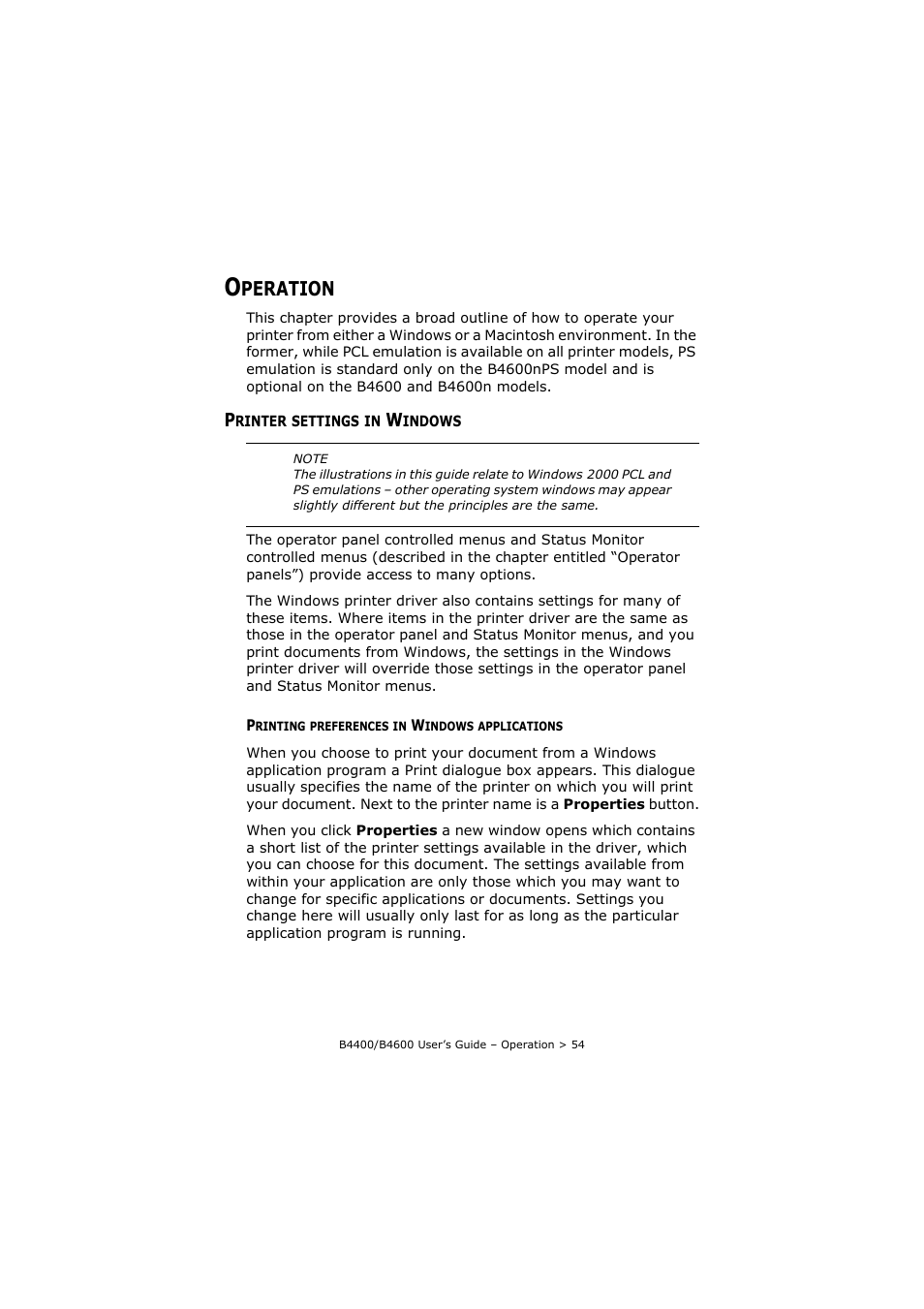 Operation, Printer settings in windows, Printing preferences in windows applications | Peration | Oki B4400 Series User Manual | Page 54 / 104