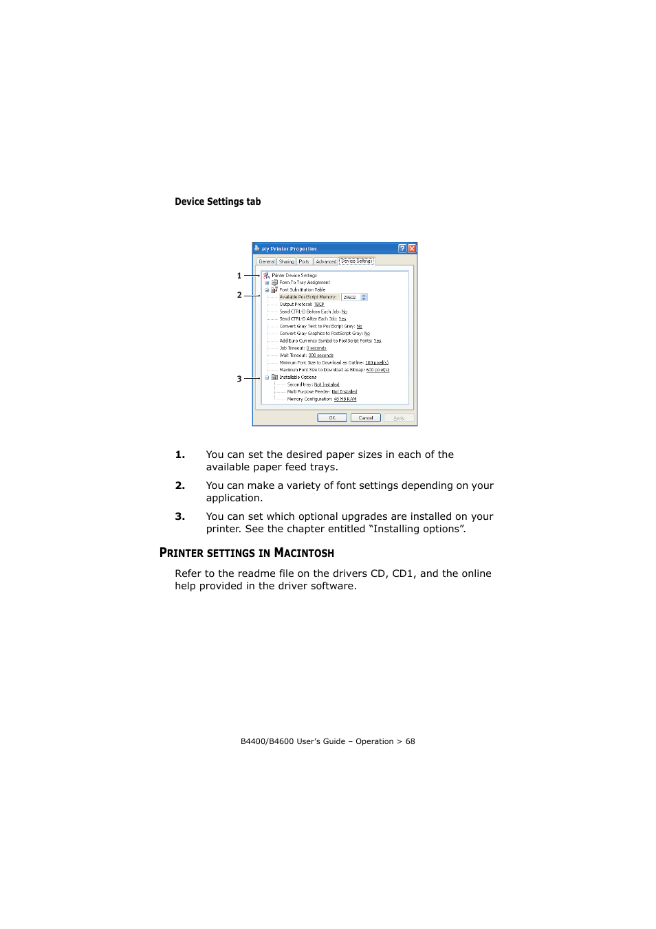 Printer settings in macintosh | Oki B4400 Series User Manual | Page 68 / 104