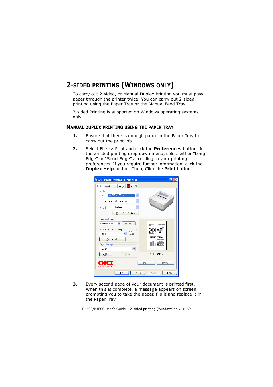 Sided printing (windows only), Manual duplex printing using the paper tray | Oki B4400 Series User Manual | Page 69 / 104