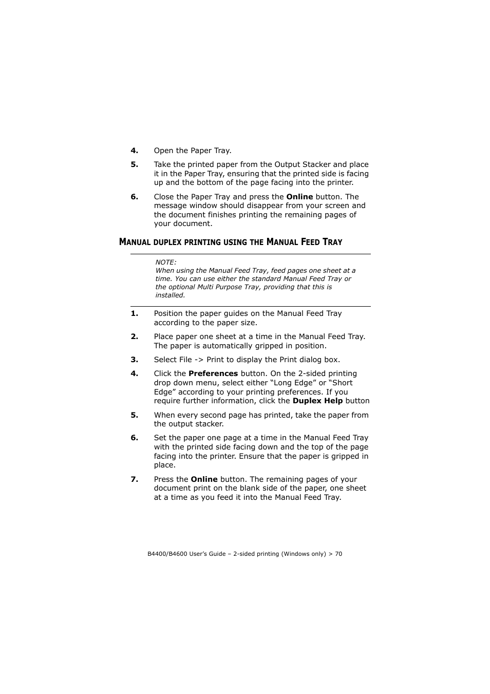 Manual duplex printing using the manual feed tray, Manual duplex printing using the manual, Feed tray | Oki B4400 Series User Manual | Page 70 / 104