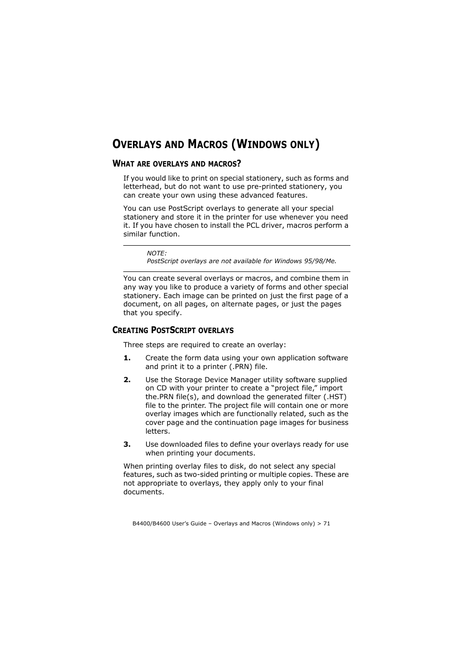 Overlays and macros (windows only), What are overlays and macros, Creating postscript overlays | Oki B4400 Series User Manual | Page 71 / 104