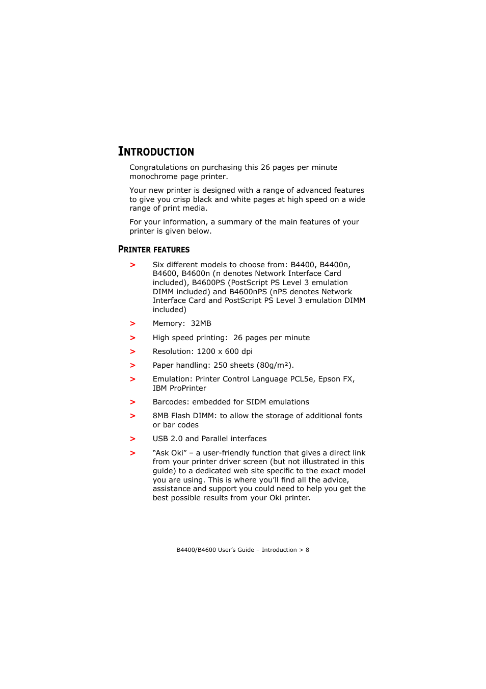 Introduction, Printer features, Ntroduction | Oki B4400 Series User Manual | Page 8 / 104