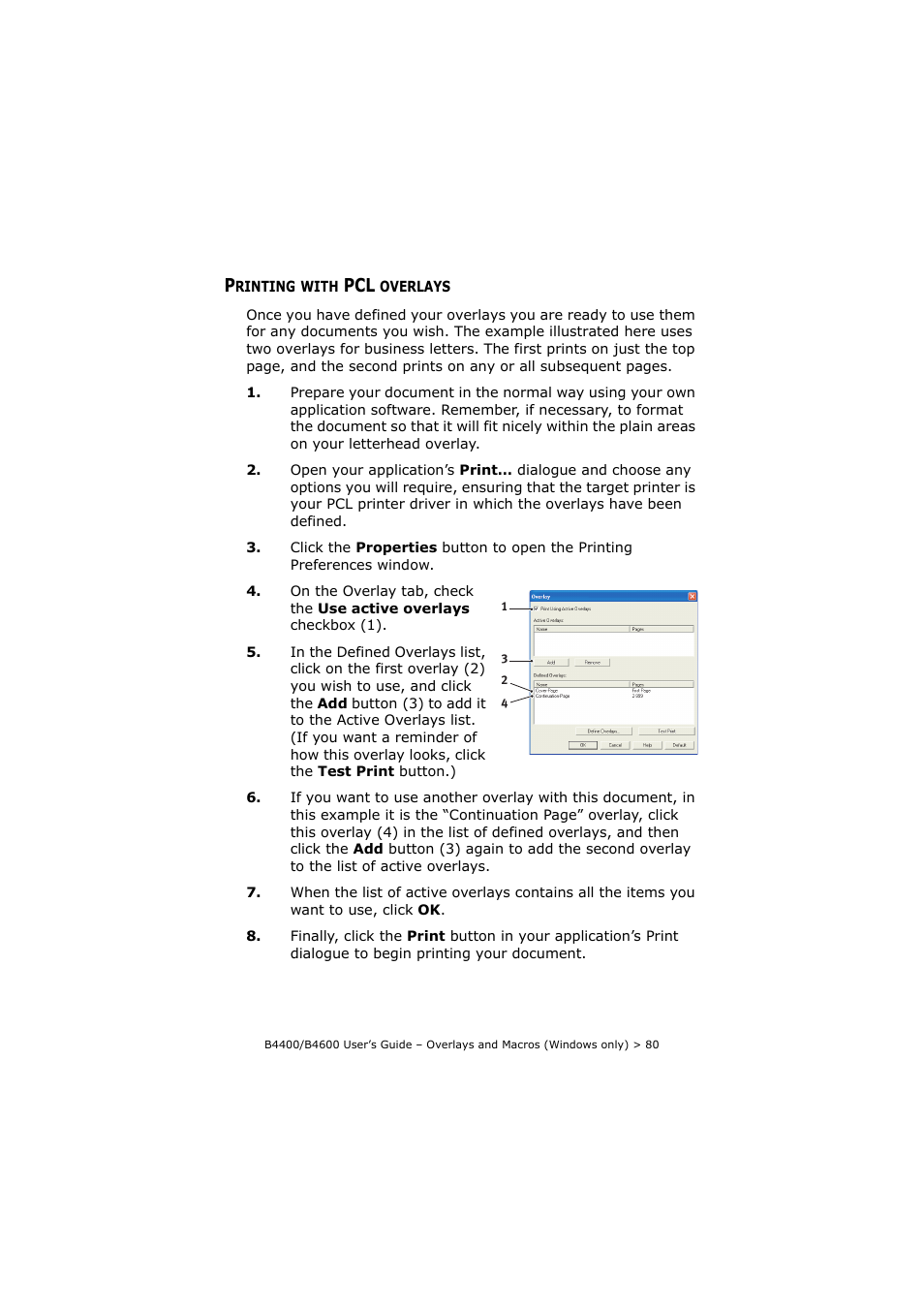 Printing with pcl overlays | Oki B4400 Series User Manual | Page 80 / 104