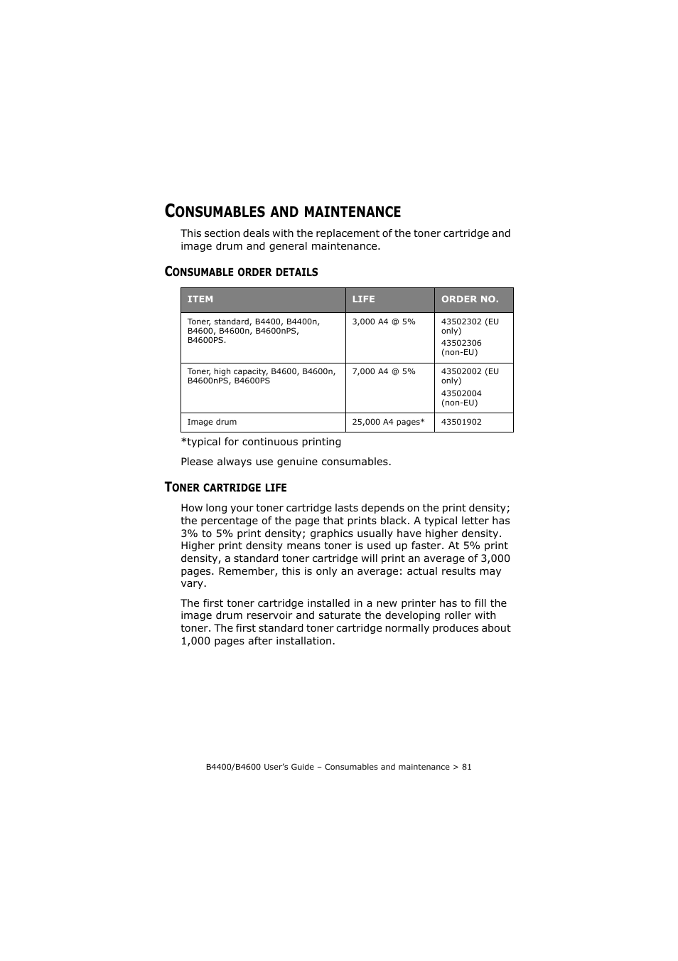 Consumables and maintenance, Consumable order details, Toner cartridge life | Consumable order details toner cartridge life, Onsumables, Maintenance | Oki B4400 Series User Manual | Page 81 / 104