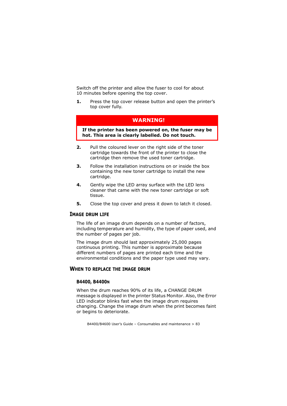 Image drum life, When to replace the image drum, B4400, b4400n | Image drum life when to replace the image drum | Oki B4400 Series User Manual | Page 83 / 104
