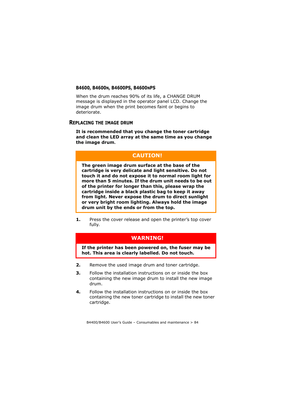 B4600, b4600n, b4600ps, b4600nps, Replacing the image drum | Oki B4400 Series User Manual | Page 84 / 104